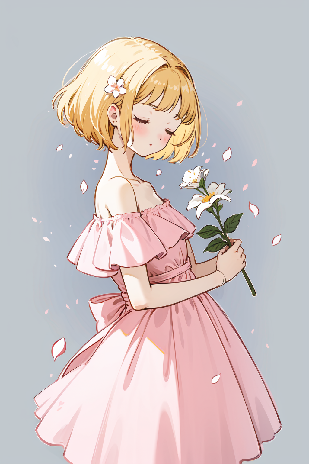 263875-913557367-guava, 1girl, solo, dress, grey background, blonde hair, closed eyes, short hair, leaf,flower, handle flower, simple background,.png